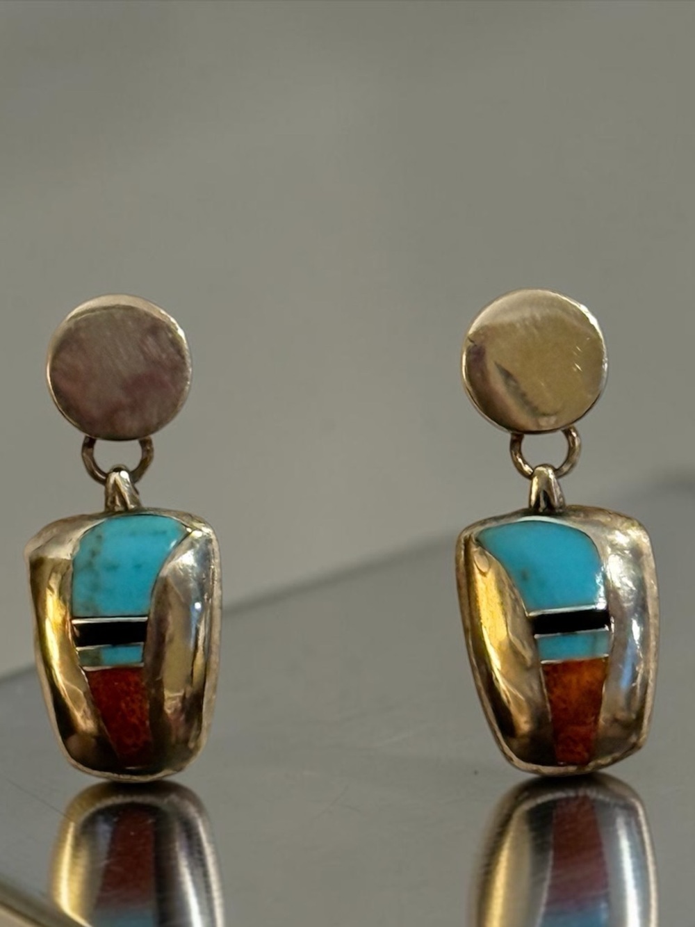 Vintage Turquoise Red Coral Sterling Silver Zuni Inlay Mosaic Earrings
